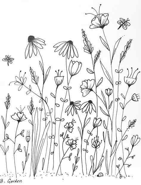 Wild Flower Art Drawings, Floral Outline Drawing Simple, Wild Flowers Drawing Sketch, Wild Flower Drawings, Wildflower Outline, Pencil Tricks, Wildflower Line Drawing, Wild Flower Drawing, Wildflower Doodles