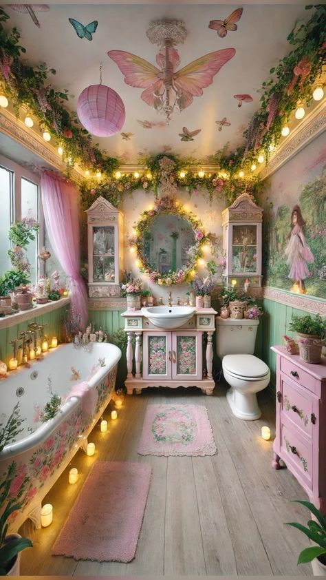 Fairy Esthetician Room, Fairycore Home Aesthetic, Bathroom Inspo Maximalist, Fairycore Bathroom Aesthetic, Pink Cottagecore Bathroom, Fairycore House Interior, Fairy Garden Bathroom, Fairycore Bathroom, Fairycore House