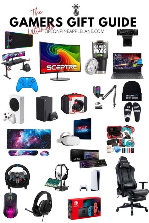 The best holiday gifts for the gamers on your list! VR headsets, game consoles, keyboards, monitors, streaming essentials and more! Gamer Christmas Gifts, Gifts For Gamers Guys, Gamer Essentials, Men Gift Ideas Birthday, Easy Gadgets, Gamer Gift Guide, Gamer Bf, Gamer Gifts For Him, Gym Glamour