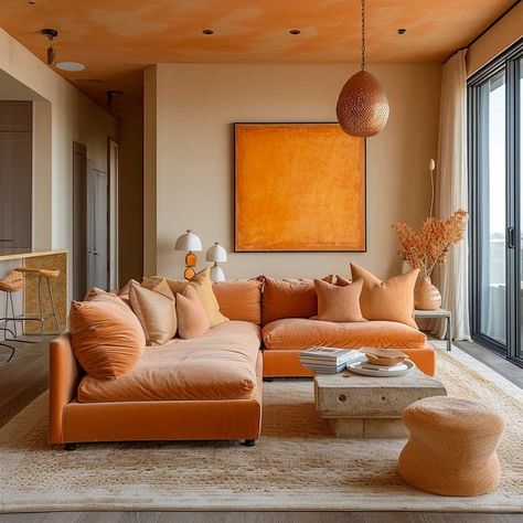 Add a Splash of Color with Orange Interior Design • 333+ Images • [ArtFacade] Orange Interior Design Inspiration, Analogous Interior Design, Pastel Color Interior Design, Monochromatic Room Interiors, Beige And Orange Living Room, Red Apartment Decor, Monochromatic Rooms, Sunset Interior, Orange Interior Design