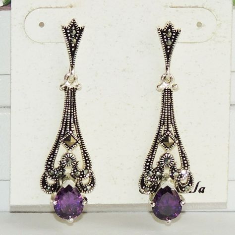 Genuine Marcasite Fine Silver Plated Amethyst Earrings - This Beautiful Art Deco Style Dangle Earrings Are Sterling Silver With A Natural Amethyst And Studded With Marcasites. 1 3/4" Long Marcasite Earrings, Engraved Earrings, Betsey Johnson Earrings, Yellow Quartz, Retro Earring, Purple Art, Tassel Drop Earrings, Glitter Earrings, Bell Pendant