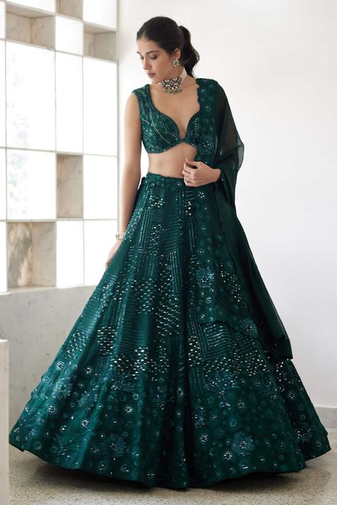 Buy Green Organza Embroidered Floral Plunge Zita Checks And Lehenga Set For Women by Mishru Online at Aza Fashions. American Indian Dress, Green Bridal Lehenga, Dark Green Lehenga, Lehenga Pattern, Wedding Lehenga Designs, Lehenga Designs Simple, Green Lehenga, Gaun Fashion, Red Lehenga