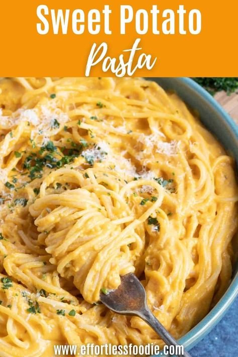 How to make rich and creamy sweet potato pasta! Delicious meat-free comfort food for busy weeknights. On the table in just 40 minutes. Sweet Potato Pasta Noodles, Sweet Potato Pasta Recipe, Sweet Potato Pasta Sauce, Sweet Potato Noodles Recipe, Savory Sweet Potato Recipes, Sweet Potato Sauce, Sweet Potato Pasta, Sweet Potato Dinner, Potato Pasta