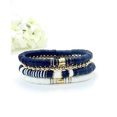 Navy And White Heishi Clay Polymer Beads With 18k Gold Accent Beads. All Three Bracelets Are Included In This Bundle. Stretch Bracelets Measure About 7” Heishi Beads Are Environmentally Friendly Polymer Clay And Extremely Resilient, Lightweight, And Retain Their Vibrant Colors. Each Has 18k Gold Plated Spacers Or Drum Anchor Beads. Thank You For Your Interest!! Free Gift With Purchase. Navy Heishi Bracelet, Masculine Clay Bead Bracelet, Navy Clay Bead Bracelet, Flat Bead Bracelet Patterns, Men’s Clay Bead Bracelet Ideas, Navy Blue Clay Bead Bracelets, Bracelets Polymer Clay, School Spirit Clay Bead Bracelet, Beaded Clay Bracelets