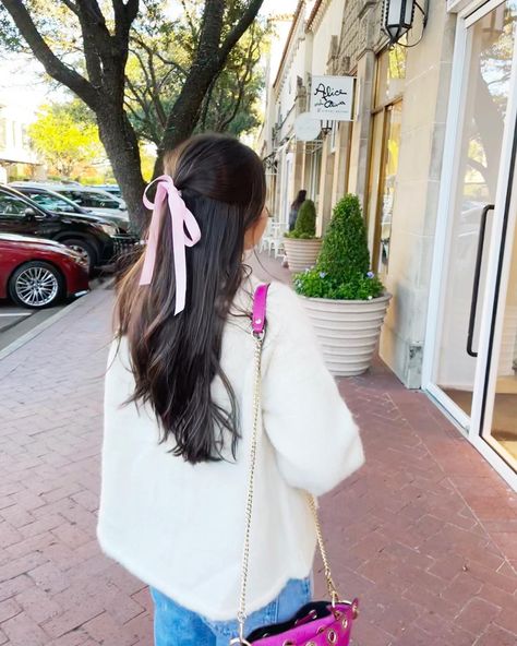 Hair In Ribbon, Pink Bow Half Up Half Down, Half Ponytail With Ribbon, Half Up Half Down Braid With Ribbon, Cheer Hairstyles With Ribbon, Ribbon Hairstyle Half Up Half Down, Half Up Half Down Hairstyles With Ribbon, Hair In Bow Hairstyles, Ribbon Hairstyle Outfit