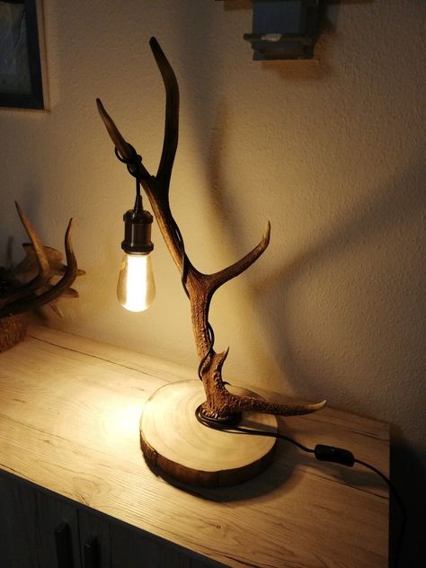 Dear Horns Decor, Deer Antler Lamp Diy, Unique Deer Mounts, Deer Horn Decor Ideas, Deer Horns Decor, Deer Horn Ideas, Deer Antler Lamps, Antler Lamps, Antler Light Fixtures