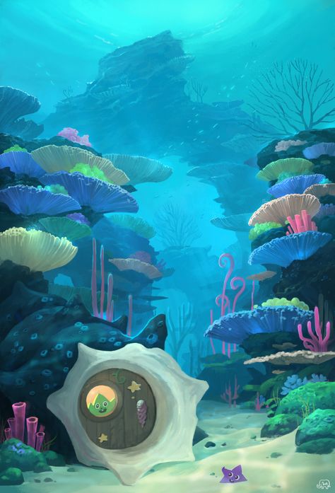 Under The Sea 3d, Under The Sea Drawings, Underwater House, Sea Drawing, Sea Illustration, House Cartoon, Underwater Painting, Sea Plants, Elephant Illustration