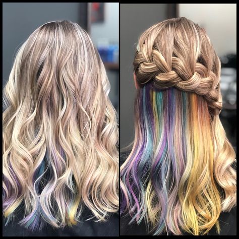 Hidden pastel rainbow hair. Both photos same client/same day. Fresh highlights through the top and pastel rainbow underneath. I curled the… Rainbow Underneath Hair, Highlights 2024, Pastel Rainbow Hair, Medium Length Blonde, Blue Black Hair, Straight Blonde Hair, Unicorn Hair, Hair Reduction, Pastel Hair