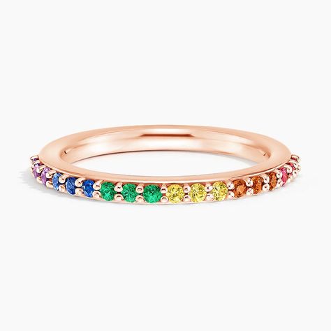 Rainbow Wedding Ring - 14K Rose Gold. Set with a plethora of emeralds, rubies, amethysts, and multi-colored sapphires, this stunning ring glitters in all hues of the rainbow. A low-domed band provides extra comfort. Rainbow Wedding Ring, Rainbow Wedding Band, Colored Sapphires, Tacori Engagement Rings, Rainbow Ring, Rainbow Wedding, Heart Engagement Rings, Trending Engagement Rings, Diamond Rings Design