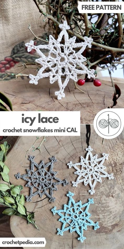 Crochet Snowflakes Mini CAL – Part 4 Free Crochet Snowflake Patterns, Crochet Snowflake, Crochet Snowflake Pattern, Crochet Christmas Decorations, Crochet Snowflakes, Holiday Crochet, Crochet Decoration, Crochet Christmas Ornaments, Christmas Crochet Patterns