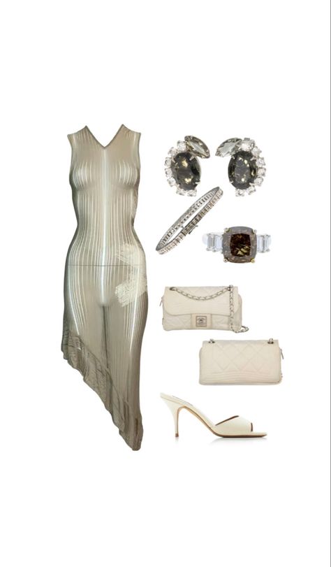 Brown And Silver Outfit, 1stdibs Chanel, Dior Outfit, Silver Outfit, Dior By John Galliano, Silver Outfits, Knit Bodycon Dress, Gold Tennis Bracelet, Clear Crystal Earrings