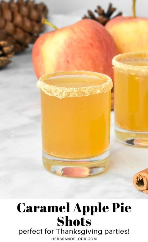 These Caramel Apple Pie Shots taste like Fall in a glass! These alcoholic shots are made with whiskey, apple cider and caramel and served up in a “crust”-rimmed glass for a special touch! Autumn Shots Alcohol, Caramel Apple Shots Alcohol, Carmel Apple Shots Recipes, Fall Themed Shots, Friendsgiving Shots, Thanksgiving Shots Alcohol, Fall Shots Alcohol, Apple Cider Shots, Thanksgiving Shots