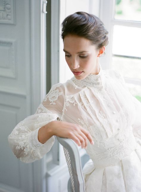 19th Century Inspired Wedding Dress, French Chateau Wedding Inspiration, High Neck Long Sleeve Wedding Dress, French Weddings, Joanne Fleming, Old Wedding Dresses, Wedding Features, French Chateau Wedding, Character Fashion