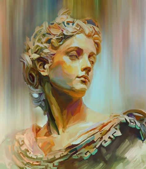 Painting Of Sculpture, Statue Painting Acrylic, Greek Statue Painting, Art Oil Color, Statue Photography, Statue Painting, Greek Paintings, Rennaissance Art, People Painting