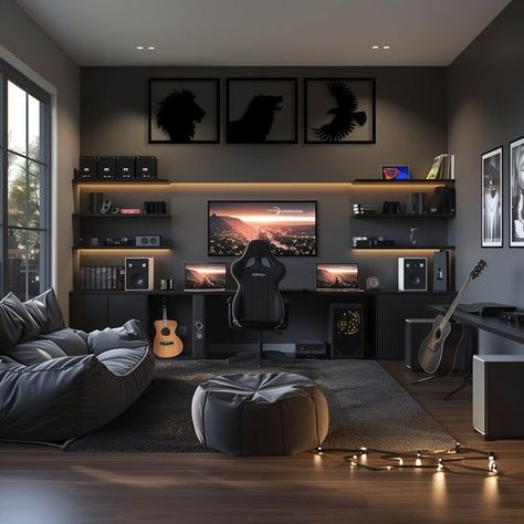 Gaming Room Wall Color, Clean Gaming Room, Gaming Living Room Ideas, Workstation Room, Small Man Cave Ideas, Gaming Corner, Tv Setup, Small Game Rooms, Best Gaming Setup