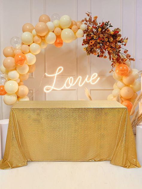 Gold  Collar  Polyester Plain Tablecloths Embellished   Kitchen & Dining Sequin Wedding Table, Ulang Tahun Perkahwinan, Birthday Cake Table, Gold Sequin Tablecloth, Gold Tablecloth, Cake Table Birthday, Majlis Perkahwinan, Cake Dessert Table, Diner Decor