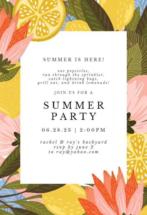 Lemon Blossom - Pool Party Invitation Template (Free) | Greetings Island Picnic Party Invitations Templates, Lemon Invitations, Luau Party Invitations, Lunch Invitation, Pool Party Invitation Template, Picnic Invitations, Event Invitation Design, Solstice Party, Summer Birthday Invitations