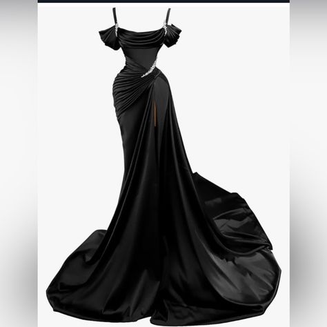 Brand New Purchased But Didn't Fit Well. Black Satin Gown For Gala, Fitted Black Satin Gown, Black Satin Gown For Night Out, Chic Black Evening Dress With Sweep Train, Chic Black Satin Gown, Black Gown With Sweep Train For Evening Events, Black Gown With Sweep Train For Evening, Dress Gala, Ethereal Jewelry