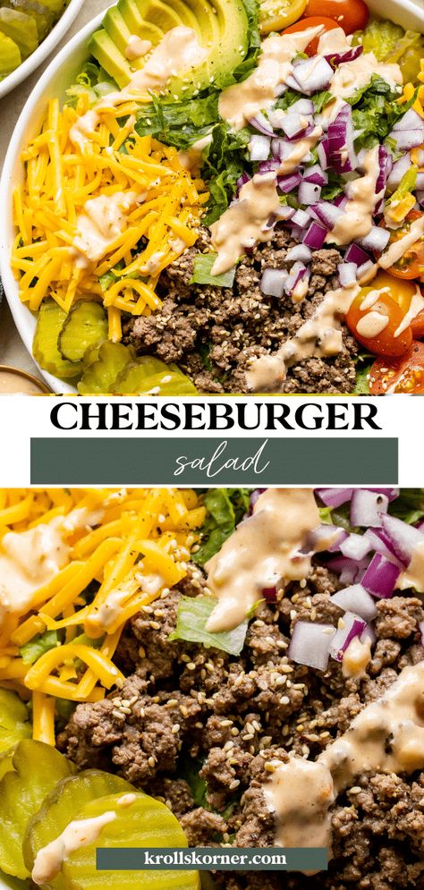 Fwtfl Recipes, Cheeseburger Salad, Suddenly Salad, Burger Salad, Burger Toppings, Beef Salad, Salad Sauce, Burger Sauce, Steak Salad