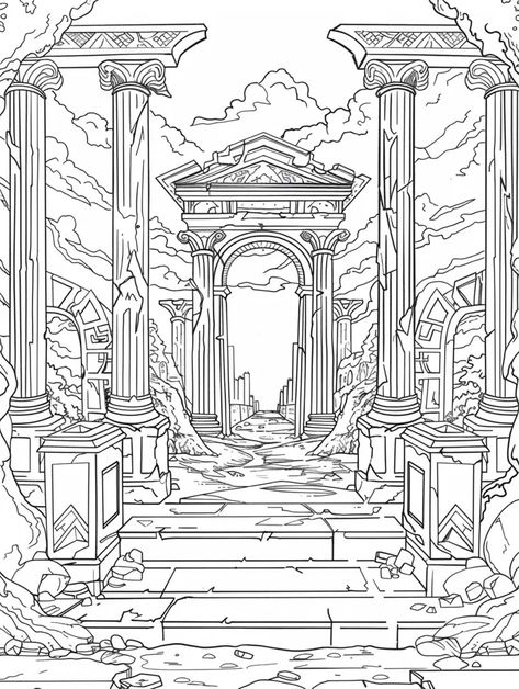 The image is a detailed line drawing of a ruined temple or other classical structure. The temple is in the center of the image, with a large archway leading into it ->> more details in ai-img-gen.com Roman Temple Drawing, Ancient Greek Sketch, Ancient Temples Concept Art, Roman Temple Aesthetic, Greek Temple Illustration, Greek Mythology Buildings, Greek Temple Drawing, Greek Temple Tattoo, Archway Drawing