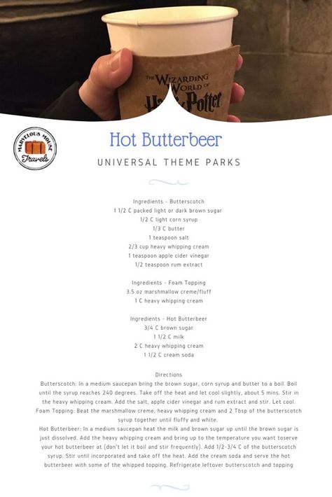 👩‍🍳🍽👨‍🍳 Vacation Recipe of the Day  Hot butterbeer. Be sure to check back for the frozen butterbeer recipe too. For FREE help with planning your Universal Vacation, contact Cathy.Connolly@MarvelousMouseTravels.com Hot Butterbeer Recipe, Frozen Butterbeer Recipe, Mixed Drinks Alcohol Recipes, Butter Beer Recipe Harry Potter, Frozen Butterbeer, Hot Butterbeer, Harry Potter Snacks, Butterscotch Syrup, Butterbeer Recipe