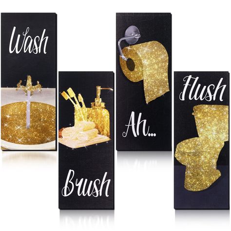 PRICES MAY VARY. Gold Bathroom Decoration: the package content contains 4 pieces of stylish wall art bathroom decors in different styles, beautiful and elegant, sufficient quantity and various patterns can support your daily use and replacement needs, helping you enjoy leisure shower time or bath time Gold Glitter Bathroom Decor: these modern women funny bathroom decors are decorated with gold glitter decor, and printed with letters of [Flush], [Ah], [Brush], [Wash], funny and noticeable; These Gold Accent Bathroom Decor, Black Gray Gold Bathroom, Black And White Bathroom Decor Wall Art, Female Bathroom Decor, Womans Bathroom Ideas Decor, Bathroom Decor Black Cabinets, Wall Decor Bathroom Ideas, White Glam Bathroom, His And Her Bathroom Ideas Decor