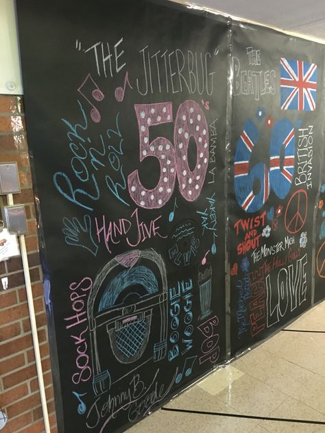 1950s dance through the decades theme week, chalkboard collage. Rock n roll theme. Decades Party Ideas, Through The Decades Party, Dance Through The Decades, Dancing Through The Decades, Decade Dance, Decades Dance, Rock N Roll Theme, Hoco Themes, Decades Day Spirit Week