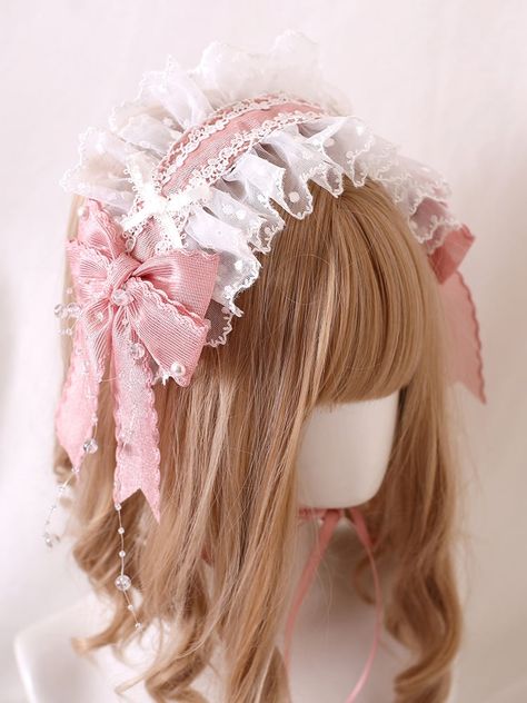 Elevate your kawaii look with our bead details pink bowknots sweet lace hairband. This adorable hair accessory features delicate lace, charming pink bowknots, and intricate bead details. It's the perfect addition to any Lolita or Kawaii outfit, adding a touch of sweetness to your ensemble.  Please note that this product includes only one hairband. Pastel Pink Accessories, Princess Hair Accessories, Kawaii Accessories Hair, Kawaii Accessories Jewelry, Pink Headband Outfit, Cute Hair Accessories Aesthetic, Pelo Aesthetic, Kawaii Headband, Vroid Model