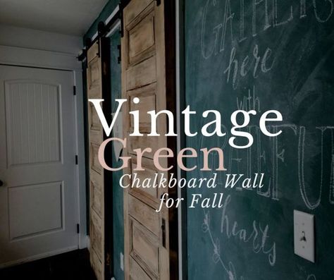 Yesterday I posted a tour of my vintage farmhouse breezeway, and I wanted to show you a little bit more about why I painted my wall vintage green and hwo I like to decorate it for fall. Last year, I Green Chalkboard Wall, Vintage Green Chalkboard, Chalkboard Wall Kids, Chalkboard Paint Wall, Chalkboard Walls, Chalkboard Wall Bedroom, Kids Room Desk, Blackboard Wall, Green Chalkboard