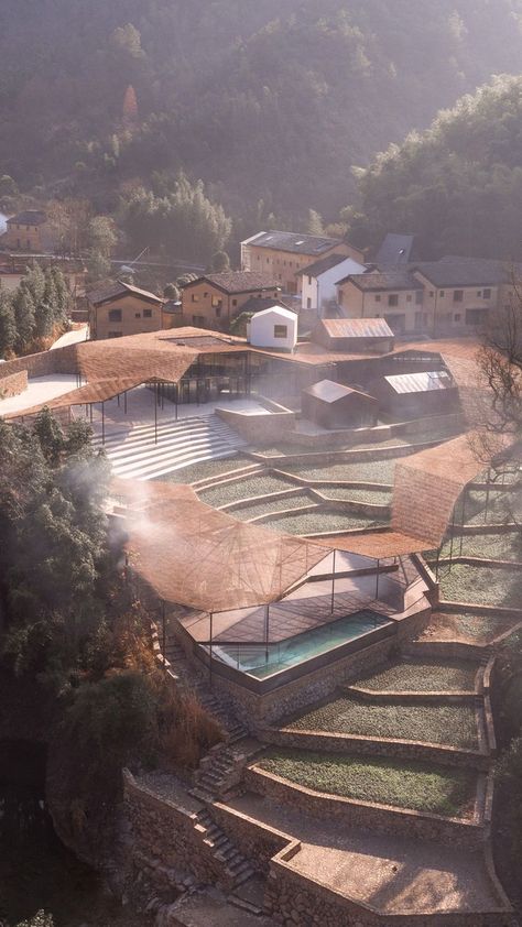 Sou Fujimoto Architects | Hangzhou, China | "The design was inspired by the site itself, especially the fog and clouds that diffused over the village. They were like buildings floating in the air, or rather, like roofs connecting nature, buildings, and various sceneries around. The continuing terraced fields created an architectural image and made the whole area very dynamic and vivid. Therefore, we proposed a floating canopy just like a cloud, hugging the landscape and being part of it." Floating Canopy, Folding Architecture, Terraced Landscaping, Canopy Architecture, Sou Fujimoto, Roof Architecture, The Village, Space Design, Open Space