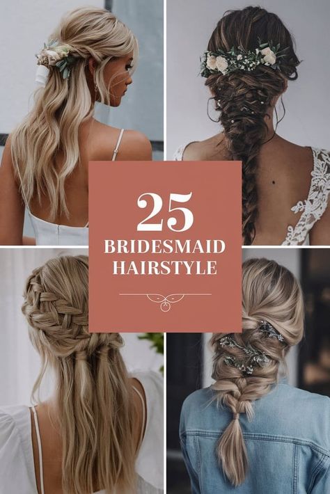 Bridesmaid hairstyles elevating wedding party looks with elegance. Explore updo designs, romantic braids, and flowing curls for bridesmaids. Discover bridesmaid hairstyle ideas featuring floral accessories, sleek buns, and half-up half-down styles. Find inspiration for bohemian waves, classic chignons, and coordinating bridesmaid hair looks. Get styled with these beautiful hairstyles perfect for complementing the bride and enhancing wedding day glamour. Braided Maid Hairstyles, Braided Bridesmaid Hairstyles Updo, Braid For Wedding Bridesmaid, Bridesmaid Hair With Strapless Dress, Elegant Bridesmaid Hairstyles, Braided Bridesmaid Hairstyles, Bridesmaid Hairstyle Ideas, Bridesmaid Hair Half Up Braid, Boho Bridesmaid Hair