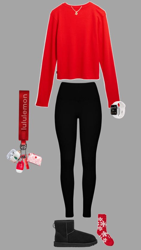 Red shirt, lululemon leggings, black Ugg boots, Christmas socks,lululemon keychain with charms Outfit With Black Uggs, Outfits With Black Uggs, Lululemon Keychain, Lululemon Outfit, Black Ugg Boots, Lululemon Outfits, Black Uggs, Black Lululemon, Christmas Socks