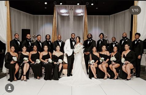 All Black Wedding Black People, Gold And Black Wedding Party, All Black Wedding Guest Attire Pictures, Black Tie Wedding Groomsmen, Black And White Wedding Black People, Black Tie Wedding Black People, All Black Wedding Party Attire, Wedding Black People, Black Bridal Party Attire