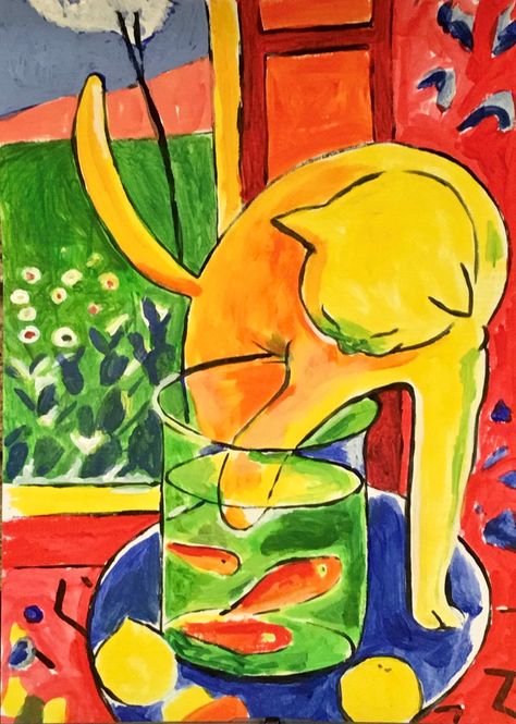 After Matisse. Cat after goldfish by Linda Wilson The Goldfish Matisse, Goldfish Matisse, Matisse Cat, Matisse Goldfish, Dreamy Apartment, Matisse Prints, Fauvism, Yellow Cat, Naive Art