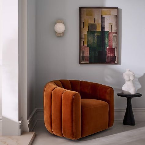 Fitz Channeled Russet Velvet Swivel Chairs Velvet Swivel Chair, Water Vacuum, Modern Swivel Chair, Orange Sofa, Chair Options, Bust Sculpture, Swivel Accent Chair, Curved Sofa, Modern Wall Sconces