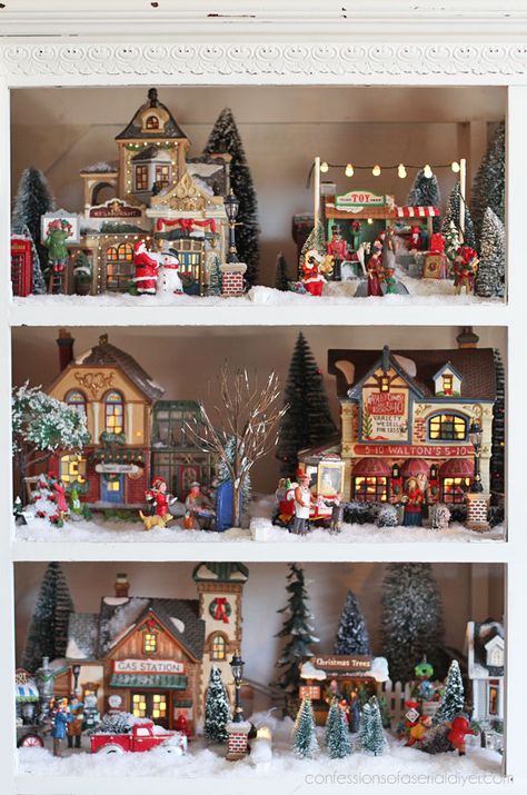 Dept 56 Dickens Village Display Ideas, Dickens Village Display, Lemax Christmas Village Display, Holiday Village Display, Christmas Tree Village Display, Diy Christmas Village Displays, Department 56 Christmas Village, Christmas Tree Village, Lemax Christmas Village