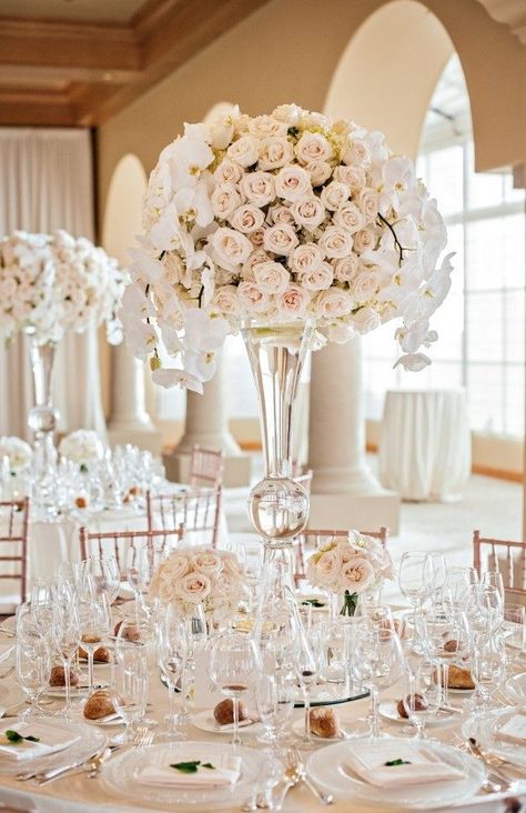 12 Stunning Wedding Centerpieces Blush Wedding Centerpieces, White Wedding Centerpieces, Fairytale Wedding Theme, Nature Themed Wedding, Tall Wedding Centerpieces, Wedding Instagram, Elegant Wedding Reception, All White Wedding, Sparkly Wedding