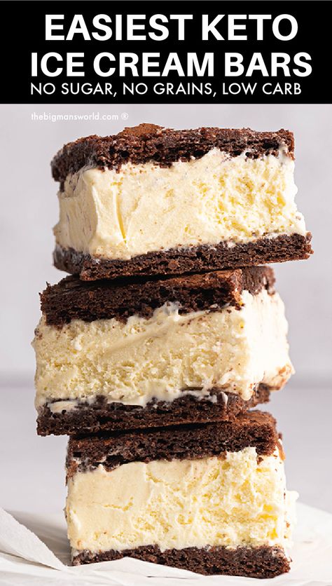 These keto ice cream bars are a copycat ice cream sandwich recipe that is secretly low carb! Sugar free, gluten free, low carb dessert. Low Carb Ice Cream Sandwich, Ice Cream Bar Recipe, Chewy Chocolate Brownies, Ice Cream Sandwiches Recipe, Ice Cream Bars, Low Carb Ice Cream, Keto Ice Cream, Healthy Ice Cream, Healthier Food