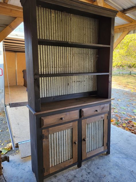 Redoing China Cabinet, Farmhouse Liquor Cabinet, Rustic Liquor Cabinet, Hillbilly Decor, Rustic Kitchen Cabinets Farmhouse Style, 2x4 Shelving, Repurposed Hutch Ideas, Country Primitive Living Room, Barndominium Decor