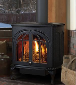 Stoves :: Gas Stoves :: IronStrike Serefina Gas Stove Freestanding Gas Stove, Direct Vent Gas Stove, Wall Stove, Stove Black, Brick Interior, Oak Logs, Cast Iron Stove, Ceramic Fiber, Old World Style