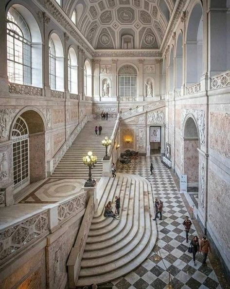 Royal Palace, Naples, Italy 🇮🇹  The Royal Palace of Naples, with its grand staircase designed by Domenico Fontana, offers a stunning glimpse into the opulence of the Bourbon dynasty's architectural legacy. Stair Railing Modern, Modern Stair Railing Ideas, Magical Palace, Black And White Floor Tiles, 7 Star Hotel, White Floor Tiles, Historical Castle, Coastal Home Exterior, Stair Railing Ideas