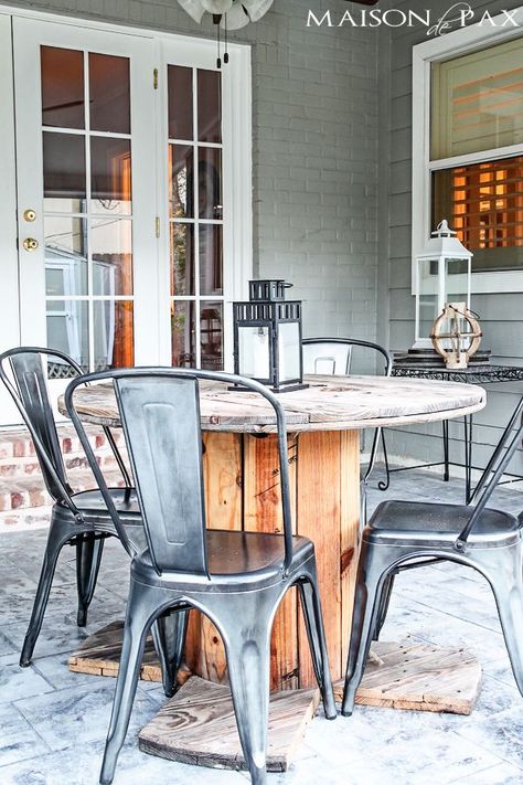 LOvE This combo of industrial chairs and electrical wire spool! Perfect mix.   Easiest way to waterproof outdoor wood furniture ever! maisondepax.com Waterproof Outdoor Furniture, Spool Furniture, Industri Modern, Spool Tables, Wire Spool, Outdoor Wood Furniture, Industrial Chair, Wood Spool, Wood Patio Furniture