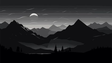 Hand drawn landscape black and white | Premium Vector #Freepik #vector #sky #nature #tree #mountain Black And White Wallpaper For Ipad, Black And White Pc Wallpaper, Landscape Black And White, Tree Mountain, Dark Mountains, Monochrome Background, Mountain Drawing, Dark Comics, Mountain Wallpaper