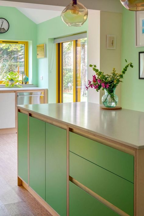 Retro plywood kitchen - birch ply island with caesarstone worktop 1960s Kitchen Cabinets, 1960s Kitchen, Timber Kitchen, Plywood Kitchen, Plywood Interior, Kitchen Mood Board, Tiny Furniture, Round Kitchen, Sustainable Kitchen