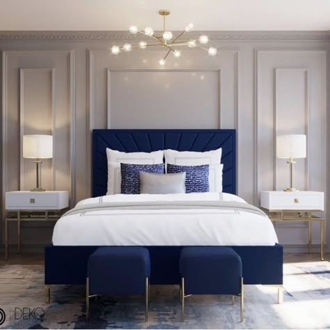 Blue Bed, Luxe Bedroom, Bedroom Interior Design Luxury, Bedroom Bed Design, Elegant Bedroom, Bedroom Headboard, Bedroom Furniture Design, Modern Bedroom Design, Master Bedrooms Decor