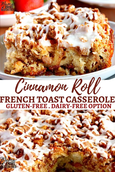 An easy gluten-free breakfast casserole with your favorite flavors from cinnamon rolls and french toast! This Cinnamon Roll French Toast Casserole can be made the same day or overnight. The recipe also has a dairy-free option. #breakfastcasserole #glutenfreerecipes #dairyfree Breakfast Casserole Cinnamon Roll French Toast, Gf Breakfast Casserole Gluten Free, Gluten Free Dessert Casserole, Cinnamon Roll Casserole Gluten Free, Overnight French Toast Casserole Dairy Free, Non Dairy French Toast Casserole, Dairy Free Sweet Breakfast Ideas, Dairy Free Gluten Free Breakfast Recipes, Gluten Free Dairy Free Christmas Breakfast