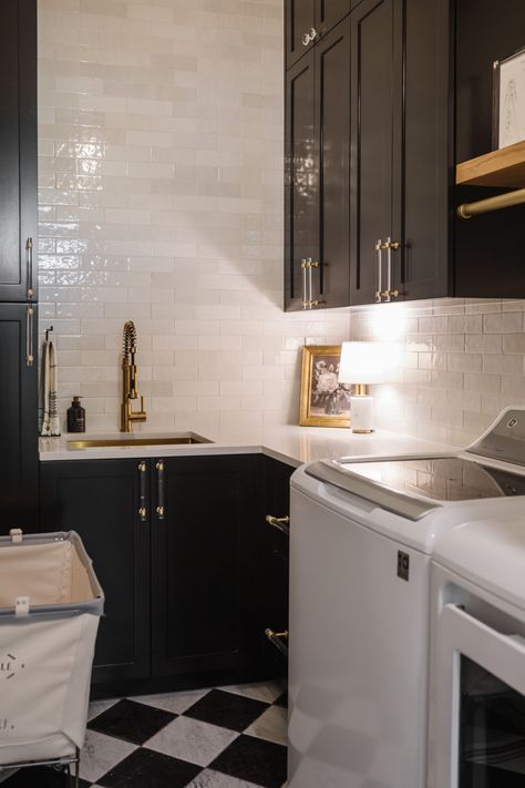 Laundry Room Black Tile, Black And Gold Laundry Room, Tricorn Black Cabinets, French Laundry Room, Black Laundry Room, Unique Laundry Room, Mudd Room, Cost Of Countertops, Laundry Room Cabinet