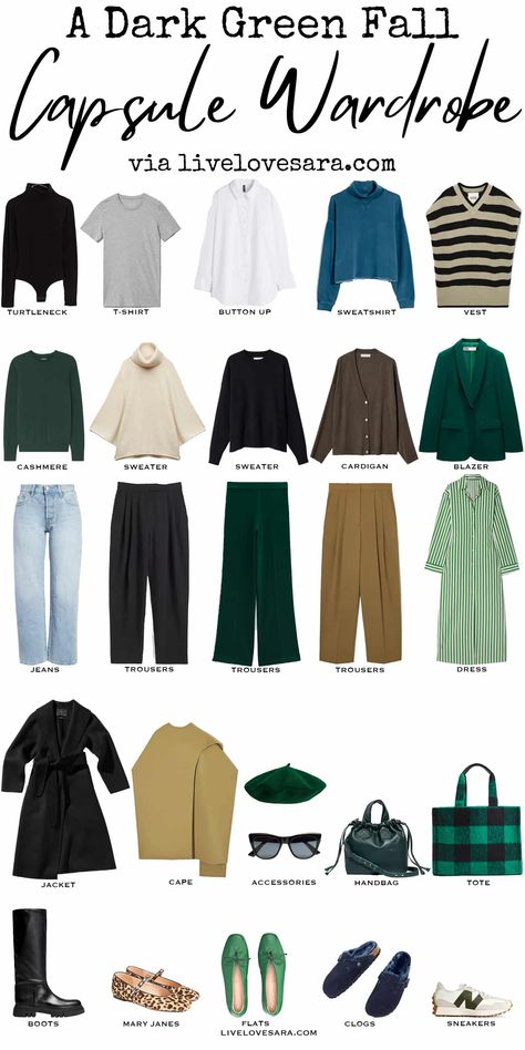 It's Not Easy Being Green Capsule Wardrobe for Fall - livelovesara Green Flats Outfit, Capsule Wardrobe Women, Fashion Capsule Wardrobe, Turtleneck T Shirt, Winter Capsule Wardrobe, Capsule Outfits, Fall Capsule Wardrobe, Fashion Capsule, Cape Dress