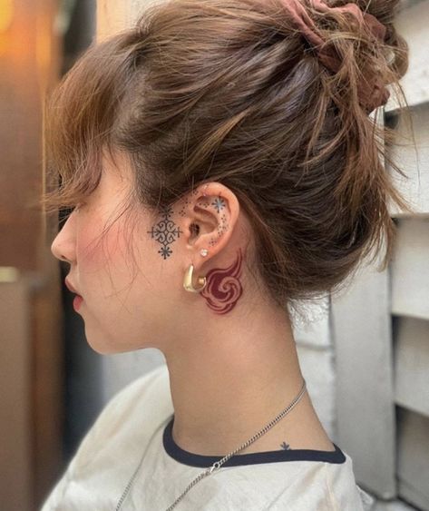 Small Face Tattoos, Pnw Tattoo, Snowflake Tattoo, Hairline Tattoos, Face Tattoos For Women, Snow Flake Tattoo, Tattoo Red, Girl Face Tattoo, Ear Piece