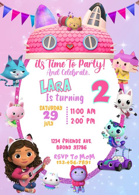 Gabby's Dollhouse Birthday Invitation Gabby Dollhouse Balloons, Gabby Doll House Birthday Party, Gabbys Dollhouse Birthday Invitation, Gabbys Dollhouse Birthday Party, Gabbys Dollhouse Birthday, Birthday Card Invitation, Cat Invitations, Gabby Dollhouse, Farm Invitation